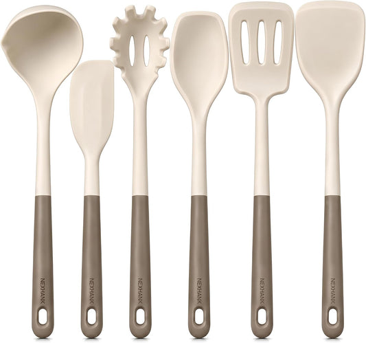 Premium Silicone Kitchen Utensils Set, 6-Piece, Cream White & Mocha | Food-Grade Silicone, BPA-Free, Reinforced Core, Heat Resistant up to 500°F, Non-Scratch, Easy to Clean, Extended Handles