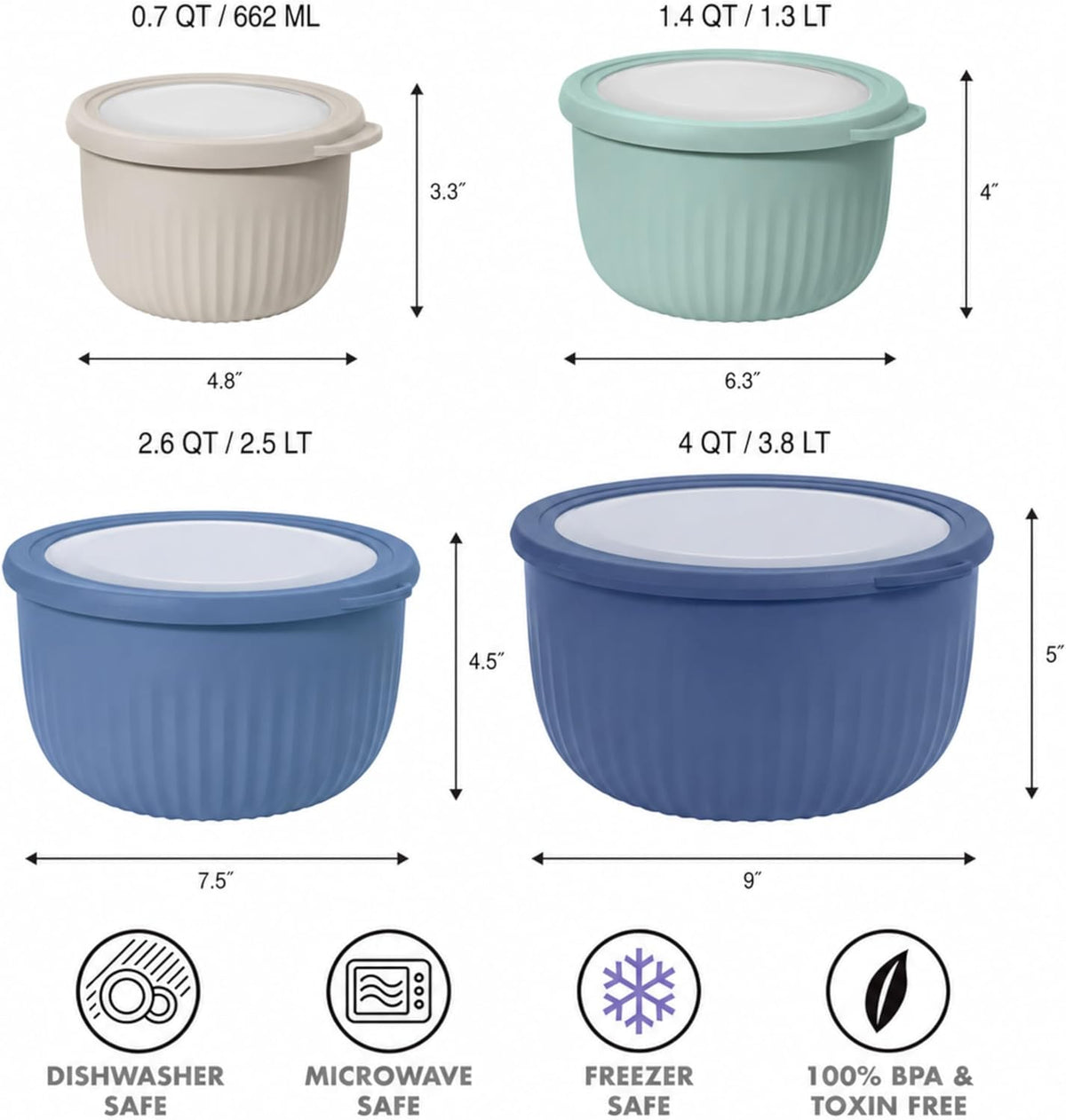 Set of 4 Prep, Store & Serve Plastic Bowls - w/See-Thru Lids- Dishwasher, Microwave & Freezer Safe, (0.7, 1.4, 2.6, 4 Quarts) - Multicolor
