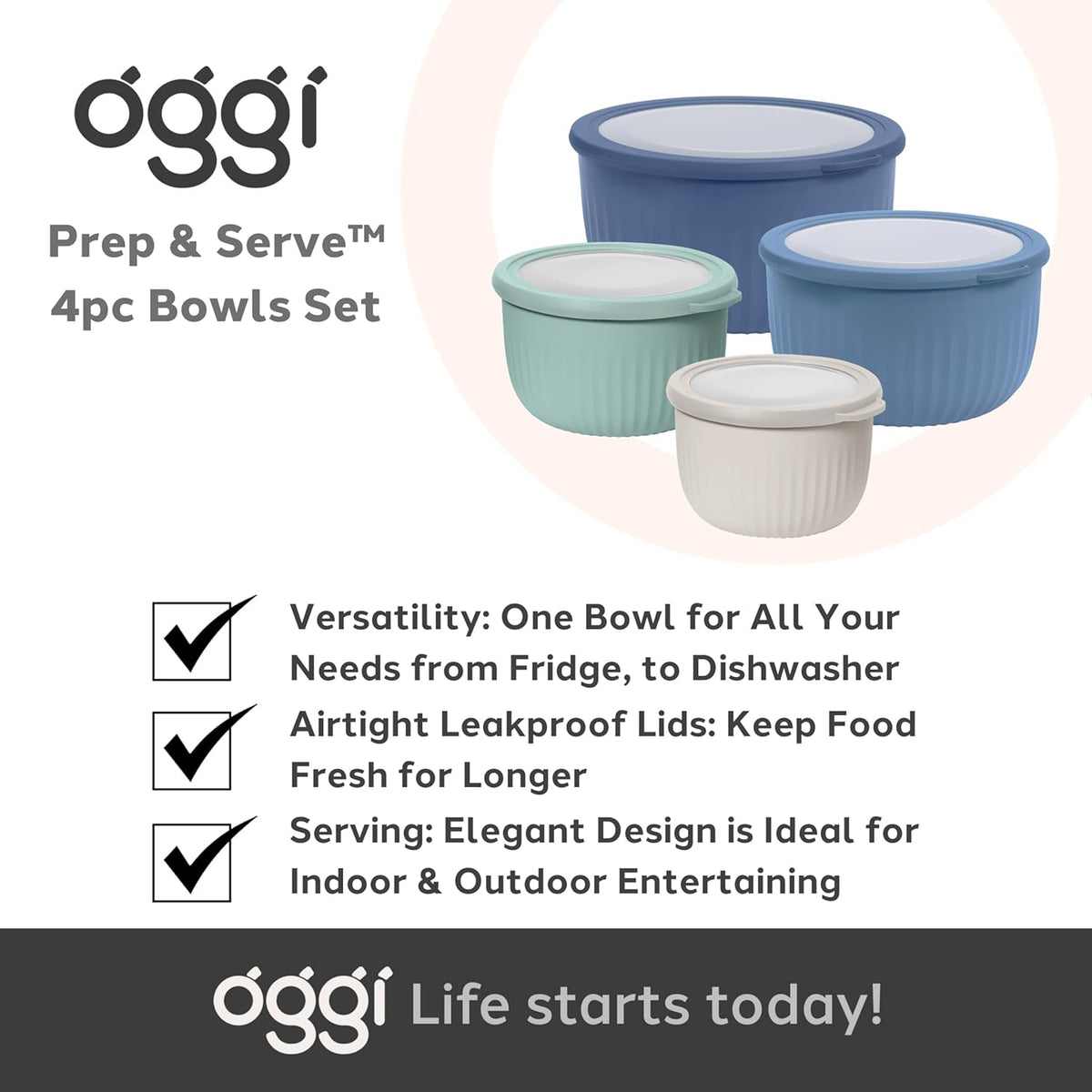 Set of 4 Prep, Store & Serve Plastic Bowls - w/See-Thru Lids- Dishwasher, Microwave & Freezer Safe, (0.7, 1.4, 2.6, 4 Quarts) - Multicolor
