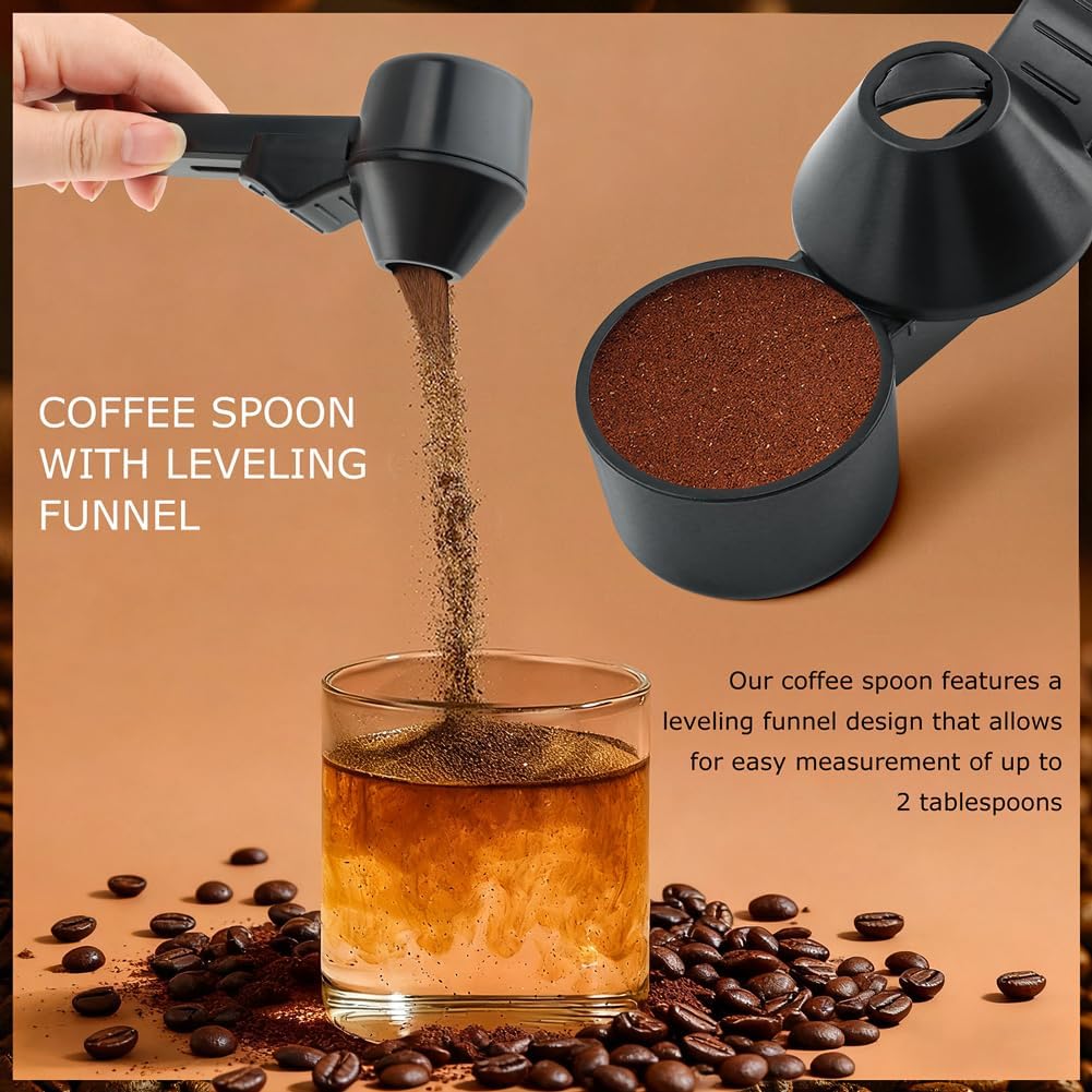 Coffee Scoop & Funnel for Reusable K Cups Refillable Coffee Pods Coffees Measuring Spoon Easy Slide Scoop with Funnel for Ground Coffees, Protein Powder, Tea(COLOR:black)