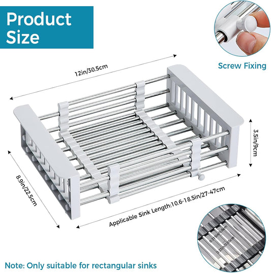Stainless Steel Over-Sink Dish Drying Rack – Versatile Kitchen Organizer for 11″–19″ Square Sinks – Effortless Drying for Dishes, Fruits & Vegetables (Gray)
