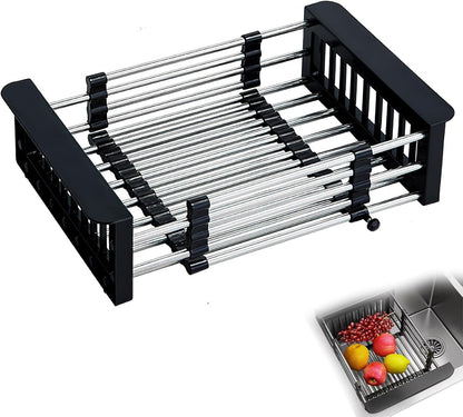 Stainless Steel Over-Sink Dish Drying Rack – Versatile Kitchen Organizer for 11″–19″ Square Sinks – Effortless Drying for Dishes, Fruits & Vegetables (Gray)