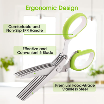 Herb Scissors, Kitchen Shears with 5 Blades and Cover, Multipurpose Cutting, Dishwasher Safe, Used for cutting herbs and paper, Green