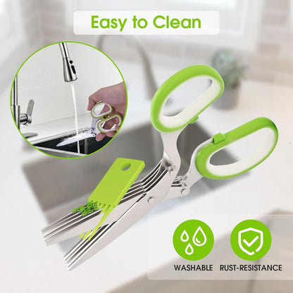 Herb Scissors, Kitchen Shears with 5 Blades and Cover, Multipurpose Cutting, Dishwasher Safe, Used for cutting herbs and paper, Green