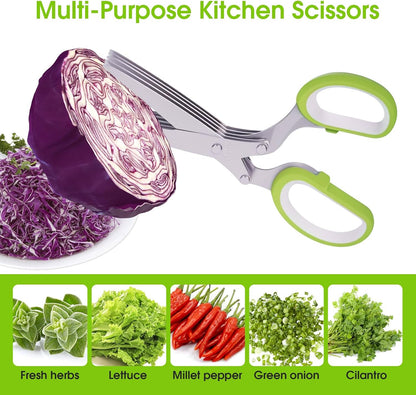 Herb Scissors, Kitchen Shears with 5 Blades and Cover, Multipurpose Cutting, Dishwasher Safe, Used for cutting herbs and paper, Green