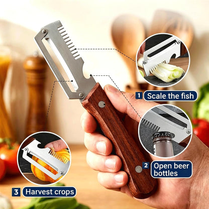 Upgraded 3-in-1 Vegetable Peeler, Wooden Handle Stainless Steel Kitchen Peeler with Julienne Slicer and Bottle Opener, Multi-Functional Fruit Potato Veggie Kitchen Gadget (1)
