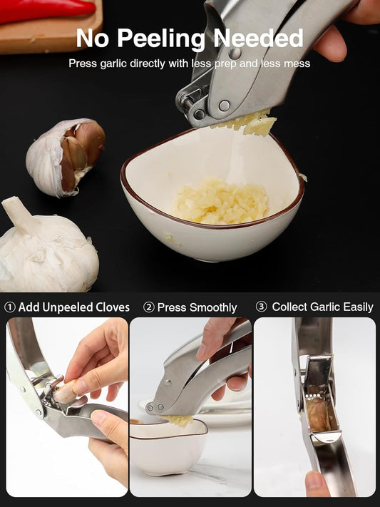 Garlic Press, No-Peel Garlic Crusher with 270° Flip for Easy Cleaning | 304 stainless steel press with an easy-lever handle, fine garlic texture and dishwasher-safe cleanup for everyday meals