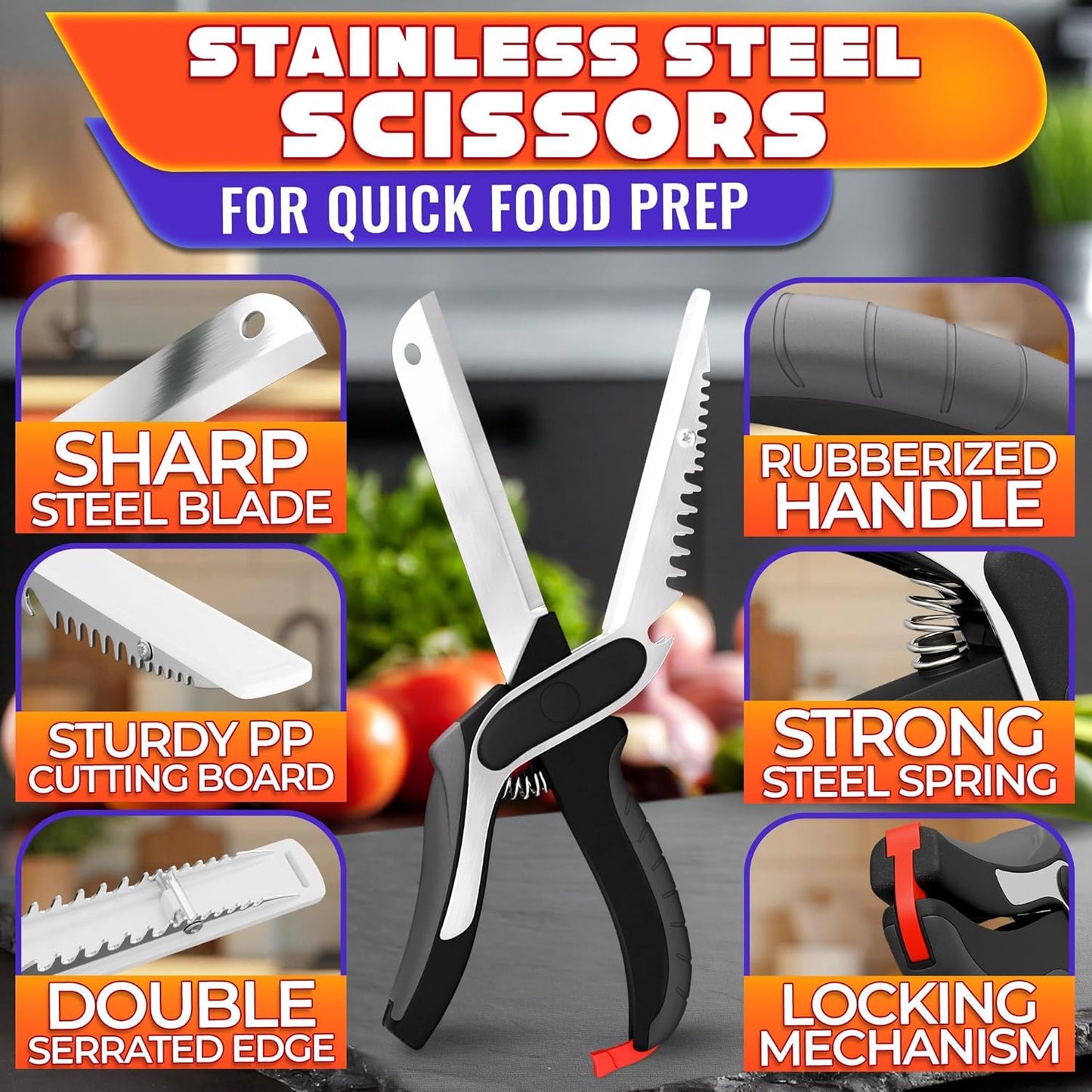 Herb Scissors with 5 Blades and Cover, Cleaning Brush, Even Cuts | Cilantro Cutter for Kitchen, Stainless Steel with Non-Slip Handle; Green Onion Scissors for Parsley, Salads and Greens