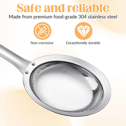 Fat Skimmer Spoon Filter Grease Foam Fine Mesh Stainless Steel Sieve Colander, Fry Oil Filter for Cooking Extra Fine Strainer with Handle Handheld Sieve Spoon for Food Strainer Kitchen Gadget (Medium)