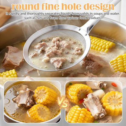 Fat Skimmer Spoon Filter Grease Foam Fine Mesh Stainless Steel Sieve Colander, Fry Oil Filter for Cooking Extra Fine Strainer with Handle Handheld Sieve Spoon for Food Strainer Kitchen Gadget (Medium)