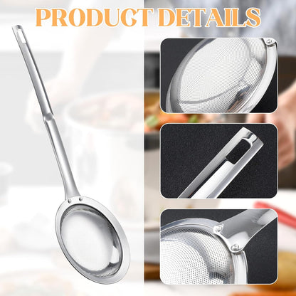 Fat Skimmer Spoon Filter Grease Foam Fine Mesh Stainless Steel Sieve Colander, Fry Oil Filter for Cooking Extra Fine Strainer with Handle Handheld Sieve Spoon for Food Strainer Kitchen Gadget (Medium)
