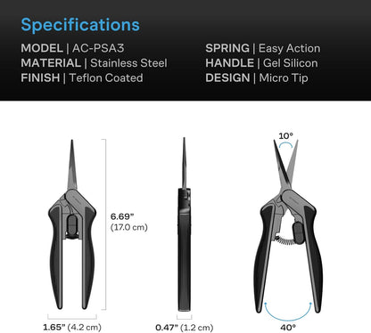 6.6” Stainless Steel Pruning Shear | Lightweight Ergonomic Design, Straight Precision Blades with Nonstick Teflon Coating for Gardening, Hydroponics, Grow Tents