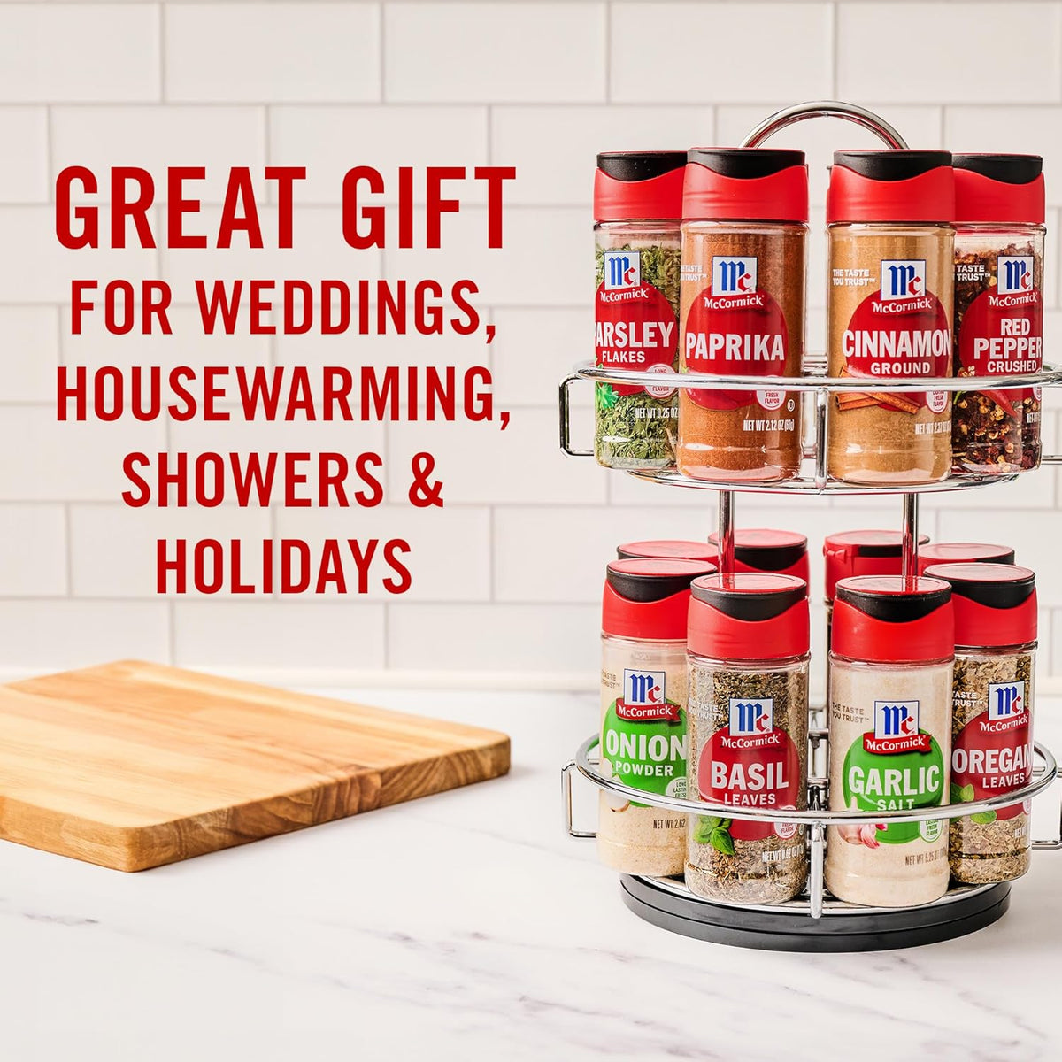 Spice Rack, Two Tier Chrome, Featuring 16 Herbs & Spices for Everyday Cooking, Great Gift for Housewarming, Wedding & Bridal Shower, 26.09 oz