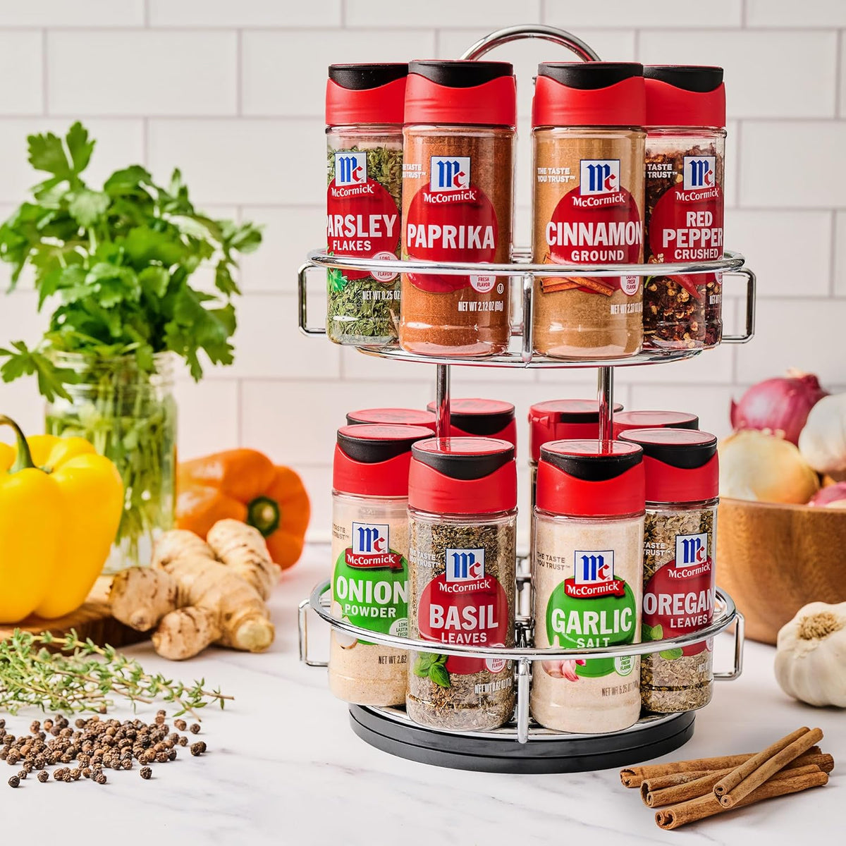 Spice Rack, Two Tier Chrome, Featuring 16 Herbs & Spices for Everyday Cooking, Great Gift for Housewarming, Wedding & Bridal Shower, 26.09 oz