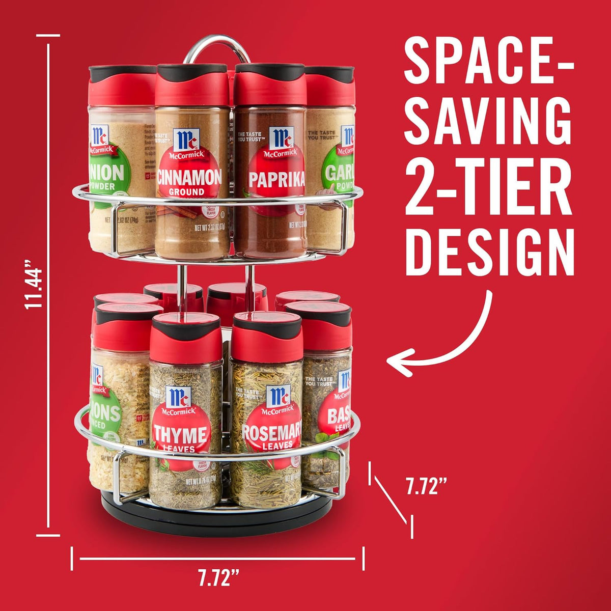 Spice Rack, Two Tier Chrome, Featuring 16 Herbs & Spices for Everyday Cooking, Great Gift for Housewarming, Wedding & Bridal Shower, 26.09 oz
