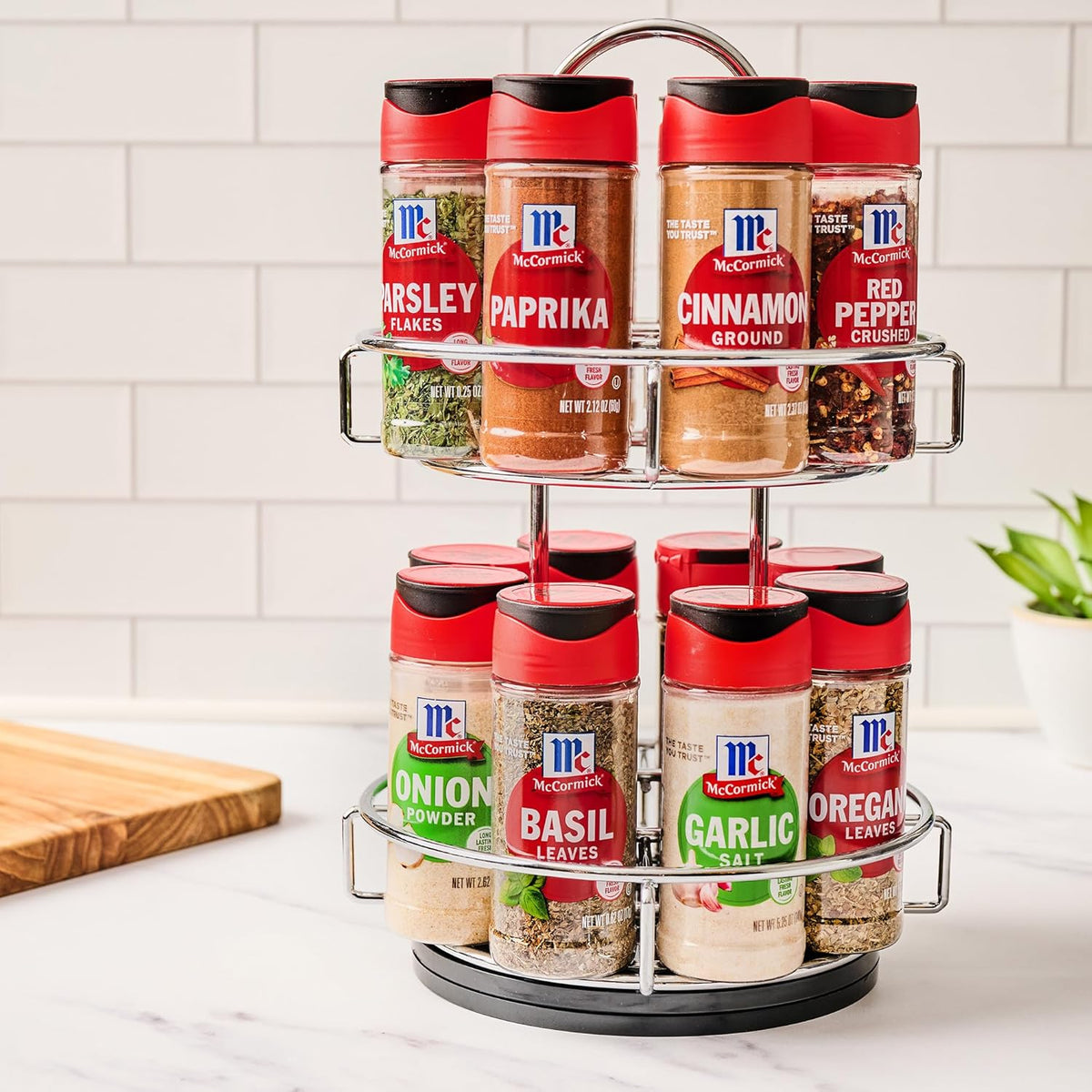 Spice Rack, Two Tier Chrome, Featuring 16 Herbs & Spices for Everyday Cooking, Great Gift for Housewarming, Wedding & Bridal Shower, 26.09 oz