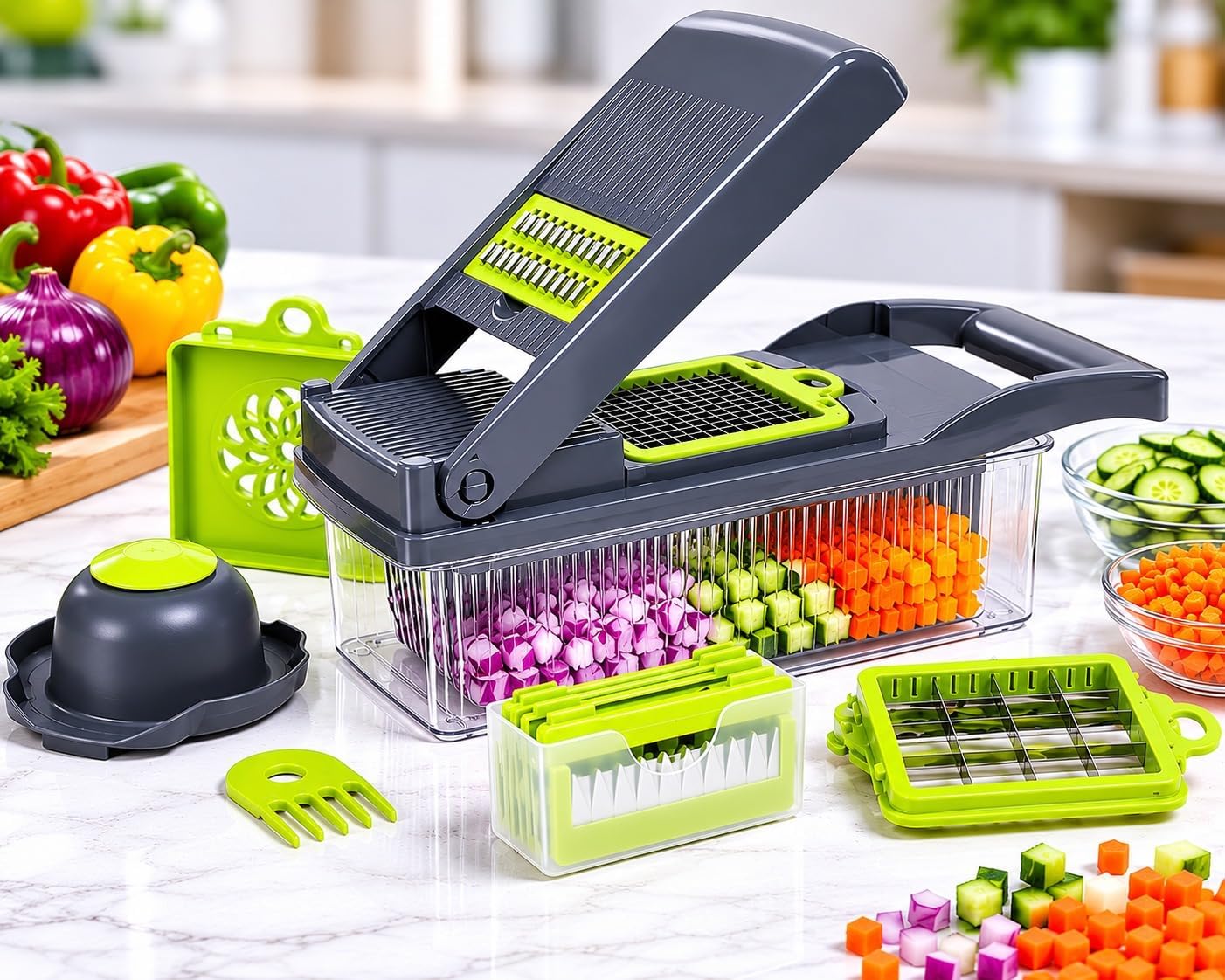 Vegetable Chopper - 14 In 1 Multifunctional Food Chopper with Container - Vegetable Cutter with Container for Salad - Kitchen Gadgets & Essential Kitchen Tool Set for Onion, Potato, Fruits & Veggies