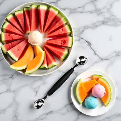 2 in 1 Black Stainless Steel Melon Ballers Melon Scoop,Double-Sided Fruit Melon Baller Spoon, Suitable Watermelon Cantaloupe Ice Cream Comfortable Non-Slip Grip，Kitchen Utensils and Gadgets
