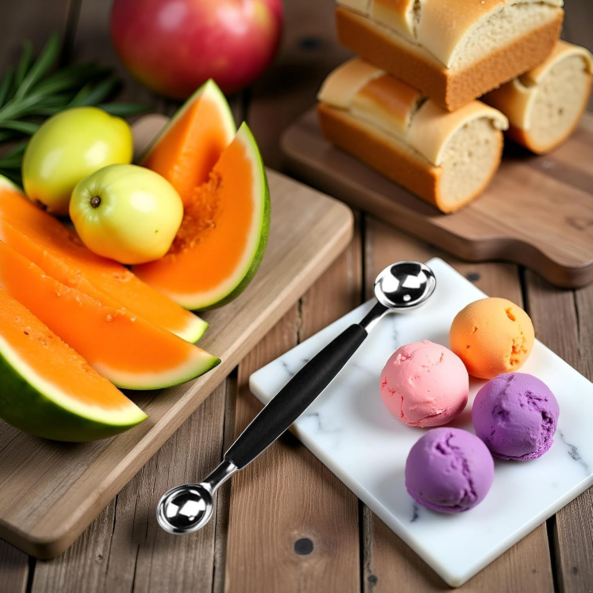 2 in 1 Black Stainless Steel Melon Ballers Melon Scoop,Double-Sided Fruit Melon Baller Spoon, Suitable Watermelon Cantaloupe Ice Cream Comfortable Non-Slip Grip，Kitchen Utensils and Gadgets