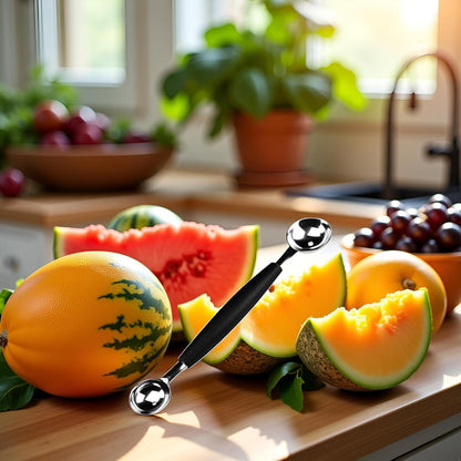 2 in 1 Black Stainless Steel Melon Ballers Melon Scoop,Double-Sided Fruit Melon Baller Spoon, Suitable Watermelon Cantaloupe Ice Cream Comfortable Non-Slip Grip，Kitchen Utensils and Gadgets