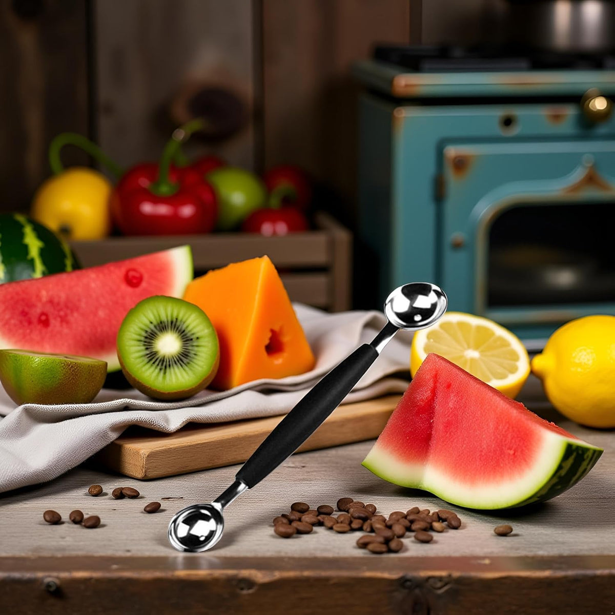 2 in 1 Black Stainless Steel Melon Ballers Melon Scoop,Double-Sided Fruit Melon Baller Spoon, Suitable Watermelon Cantaloupe Ice Cream Comfortable Non-Slip Grip，Kitchen Utensils and Gadgets