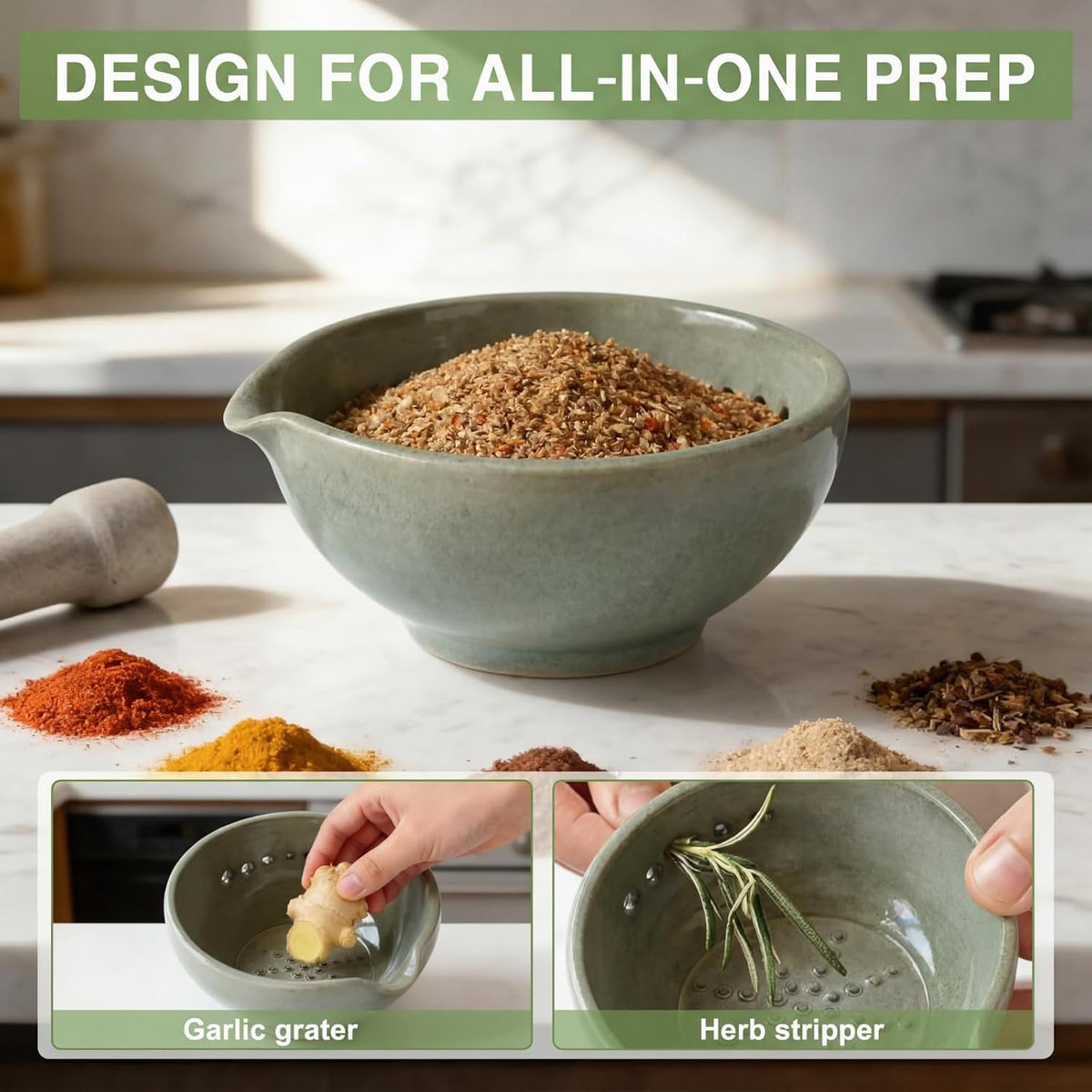 Herb Stripper Bowl with Garlic Grater - 2-in-1 for Cooking