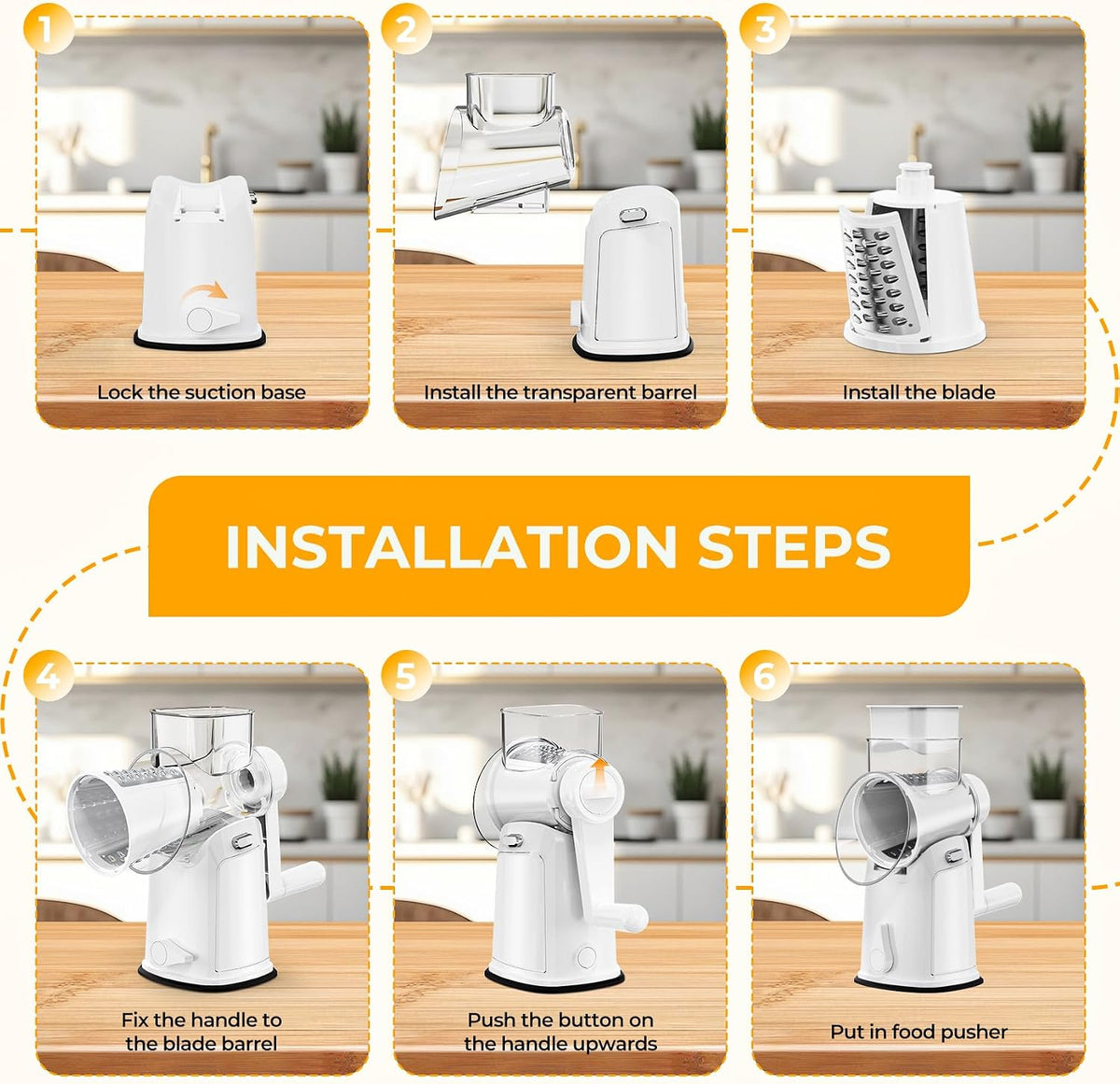7 IN 1 Upgraded Rotary Cheese Grater with Handle – Vegetable Shredder with Built-in Storage Blade Slot, 5 Versatile Blades, Strong Suction Base Round Mandoline Slicer, Food Chopper for Kitchen