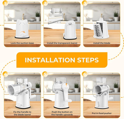 7 IN 1 Upgraded Rotary Cheese Grater with Handle – Vegetable Shredder with Built-in Storage Blade Slot, 5 Versatile Blades, Strong Suction Base Round Mandoline Slicer, Food Chopper for Kitchen