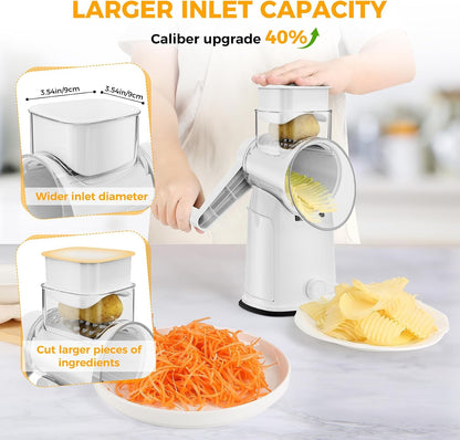 7 IN 1 Upgraded Rotary Cheese Grater with Handle – Vegetable Shredder with Built-in Storage Blade Slot, 5 Versatile Blades, Strong Suction Base Round Mandoline Slicer, Food Chopper for Kitchen