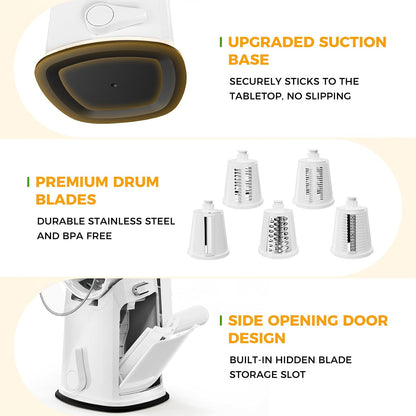 7 IN 1 Upgraded Rotary Cheese Grater with Handle – Vegetable Shredder with Built-in Storage Blade Slot, 5 Versatile Blades, Strong Suction Base Round Mandoline Slicer, Food Chopper for Kitchen