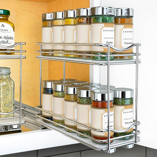 ® Pull Out Spice Organization for Cabinets - 4-3/8 inch Wide – Spice Rack for Inside Cabinets, Slide Out Spice Rack Organizer for cabinet – Pull Out Spice Rack, Sliding 2 Tier Chrome