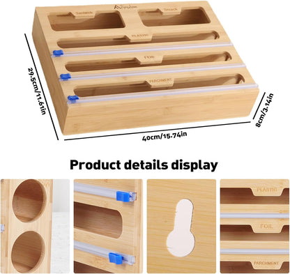 APSARAS USA 5 in 1 Bamboo Foil and Plastic Wrap Organizer for Kitchen Drawer, Ziplock Bag Organizer, Saran Wrap Dispenser with Cutter, Plastic Bag Organizer, Food Storage Bag Organization