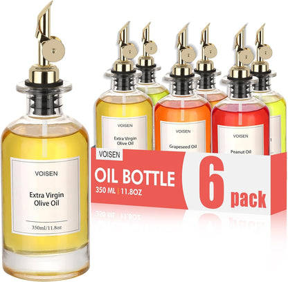 Olive Oil Dispenser Bottle for Kitchen, Glass Oil Bottle Set of 6 | Coffee Syrup Dispenser,Glass Oil Container with Metal Pourer,Funnel,56 Waterproof Labels