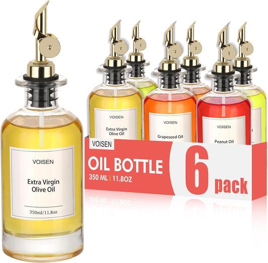 Olive Oil Dispenser Bottle for Kitchen, Glass Oil Bottle Set of 6 | Coffee Syrup Dispenser,Glass Oil Container with Metal Pourer,Funnel,56 Waterproof Labels