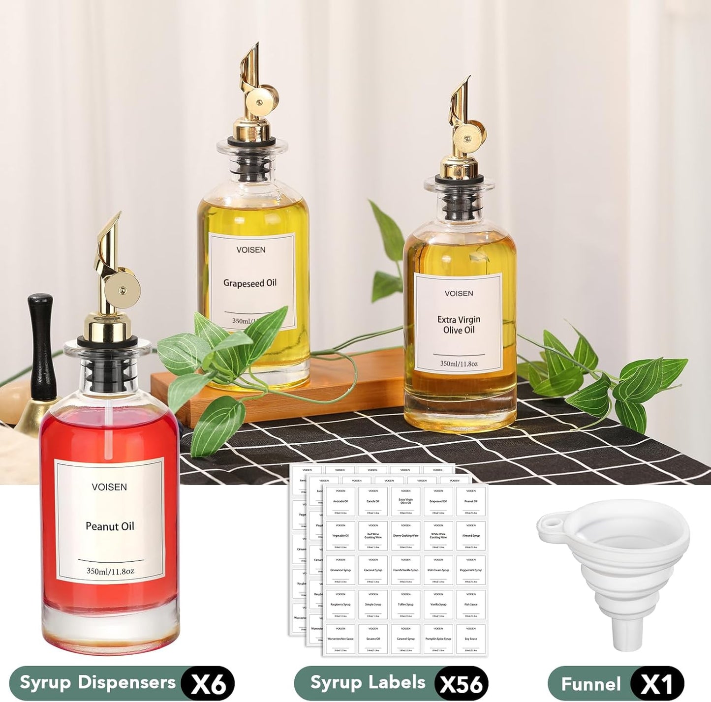 Olive Oil Dispenser Bottle for Kitchen, Glass Oil Bottle Set of 6 | Coffee Syrup Dispenser,Glass Oil Container with Metal Pourer,Funnel,56 Waterproof Labels