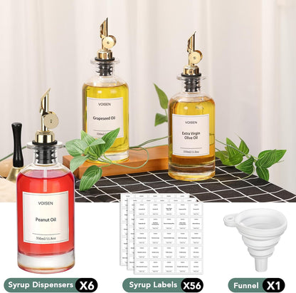 Olive Oil Dispenser Bottle for Kitchen, Glass Oil Bottle Set of 6 | Coffee Syrup Dispenser,Glass Oil Container with Metal Pourer,Funnel,56 Waterproof Labels