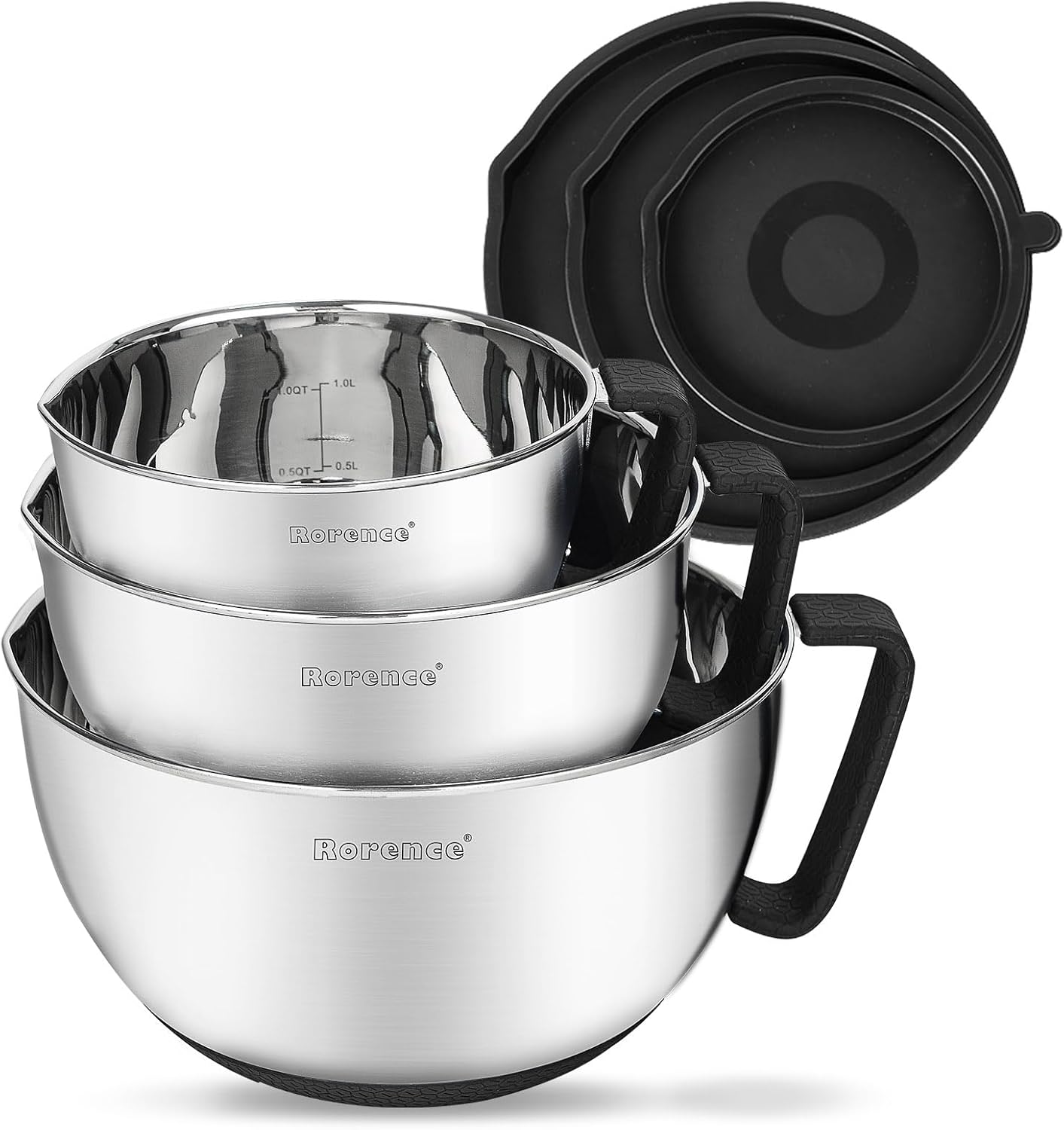 Stainless Steel Mixing Bowls Set with Lids,1.5,3 & 5 Qt,Black | Non-Slip Silicone Base,Precision Pour Spout,Ergonomic Easy-Grip Handle,Measurement Marks,Airtight Lids,Cooking & Meal Prep