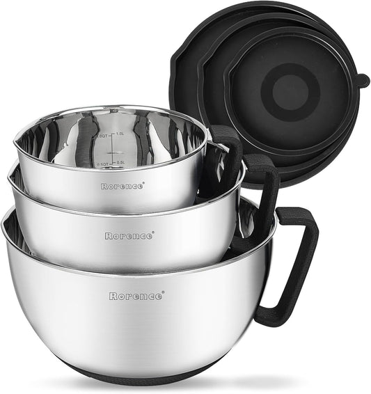 Stainless Steel Mixing Bowls Set with Lids,1.5,3 & 5 Qt,Black | Non-Slip Silicone Base,Precision Pour Spout,Ergonomic Easy-Grip Handle,Measurement Marks,Airtight Lids,Cooking & Meal Prep