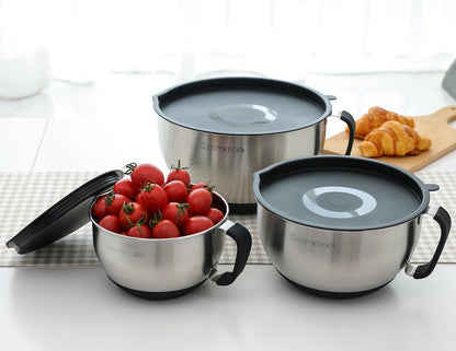 Stainless Steel Mixing Bowls Set with Lids,1.5,3 & 5 Qt,Black | Non-Slip Silicone Base,Precision Pour Spout,Ergonomic Easy-Grip Handle,Measurement Marks,Airtight Lids,Cooking & Meal Prep