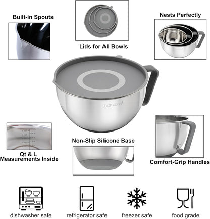 Stainless Steel Mixing Bowls Set with Lids,1.5,3 & 5 Qt,Black | Non-Slip Silicone Base,Precision Pour Spout,Ergonomic Easy-Grip Handle,Measurement Marks,Airtight Lids,Cooking & Meal Prep