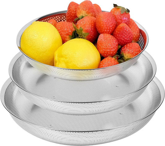 Shallow Stainless Steel Colander Set of 3 – Micro-Perforated Tray Strainers for Berries Vegetables Fruit, 18/8 304 Low Profile (2, 3, 4 Qt) Self-Draining Base, Dishwasher Safe, Made in Korea
