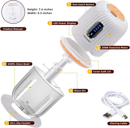 Electric Garlic Chopper 250ML, Mini USB Rechargeable Veggie Chopper, Cordless Garlic Mincer Onion Chopper Food Chopper for Ginger Chili Meat Sauce, Wireless Food Processor, White