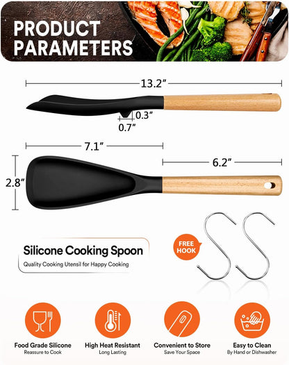 Cooking Spoon for Nonstick Cookwares, Great for Cooking and Serving Sturdy BPA-Free Matte Silicone, Wood Handle Spoon for Mixing, Scoop, and Scrape (2 Pack of Black, 13.4 inch)