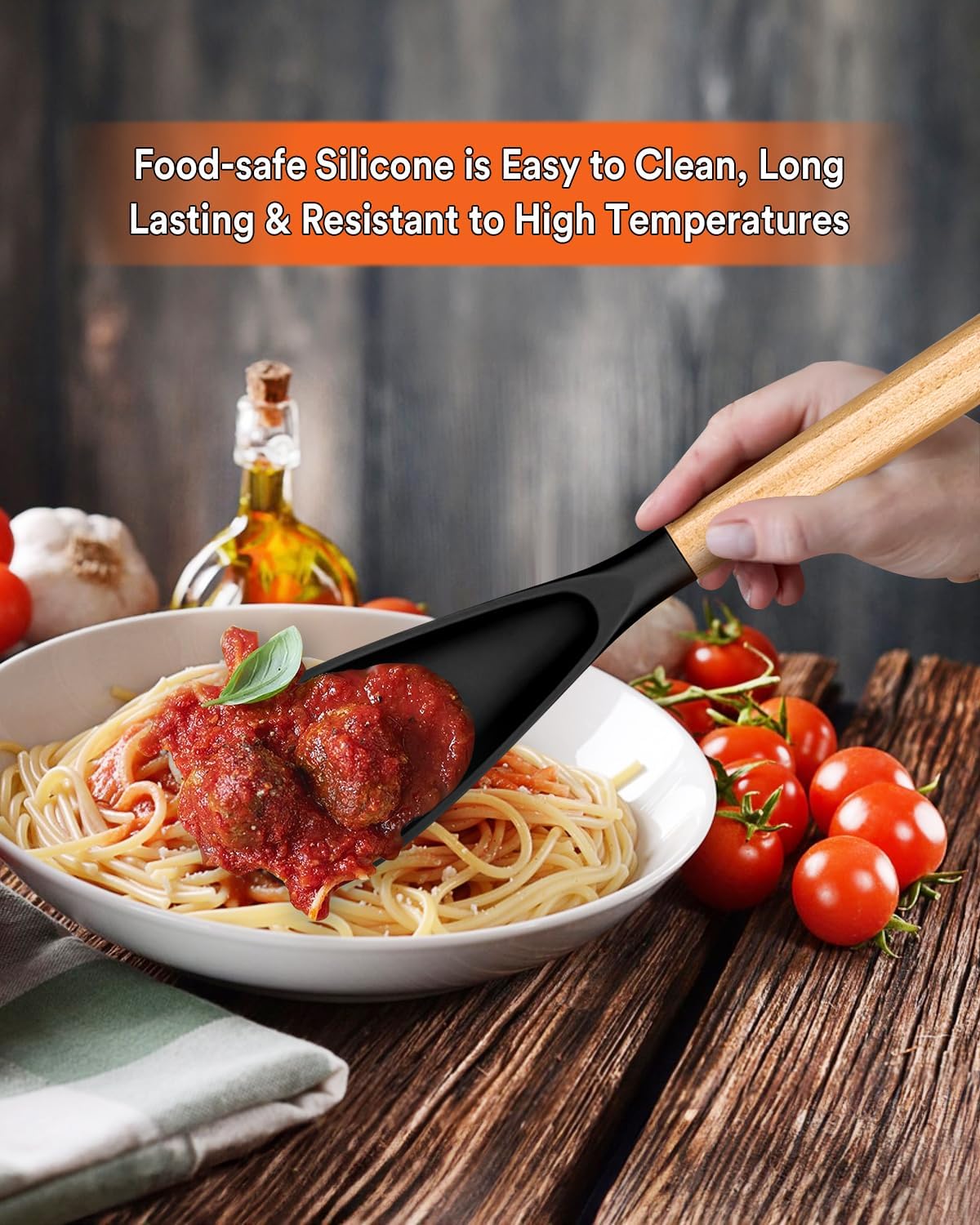 Cooking Spoon for Nonstick Cookwares, Great for Cooking and Serving Sturdy BPA-Free Matte Silicone, Wood Handle Spoon for Mixing, Scoop, and Scrape (2 Pack of Black, 13.4 inch)