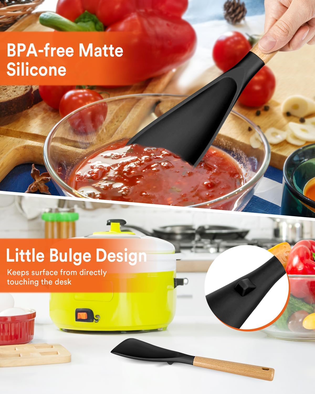 Cooking Spoon for Nonstick Cookwares, Great for Cooking and Serving Sturdy BPA-Free Matte Silicone, Wood Handle Spoon for Mixing, Scoop, and Scrape (2 Pack of Black, 13.4 inch)