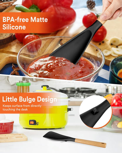Cooking Spoon for Nonstick Cookwares, Great for Cooking and Serving Sturdy BPA-Free Matte Silicone, Wood Handle Spoon for Mixing, Scoop, and Scrape (2 Pack of Black, 13.4 inch)