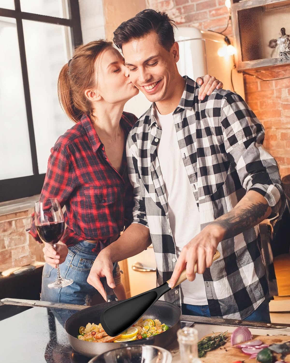 Cooking Spoon for Nonstick Cookwares, Great for Cooking and Serving Sturdy BPA-Free Matte Silicone, Wood Handle Spoon for Mixing, Scoop, and Scrape (2 Pack of Black, 13.4 inch)