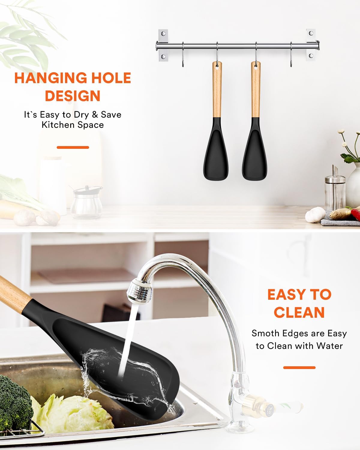 Cooking Spoon for Nonstick Cookwares, Great for Cooking and Serving Sturdy BPA-Free Matte Silicone, Wood Handle Spoon for Mixing, Scoop, and Scrape (2 Pack of Black, 13.4 inch)