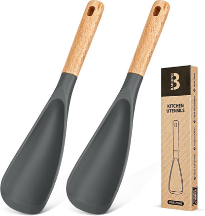 Cooking Spoon for Nonstick Cookwares, Great for Cooking and Serving Sturdy BPA-Free Matte Silicone, Wood Handle Spoon for Mixing, Scoop, and Scrape (2 Pack of Black, 13.4 inch)