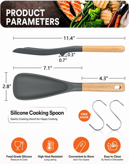 Cooking Spoon for Nonstick Cookwares, Great for Cooking and Serving Sturdy BPA-Free Matte Silicone, Wood Handle Spoon for Mixing, Scoop, and Scrape (2 Pack of Black, 13.4 inch)